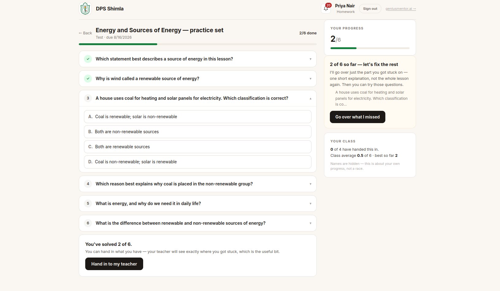 Homework at home: practice set with per-question feedback and a go over what I missed button