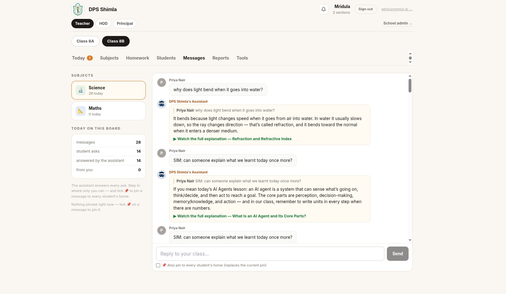 Subject chat: a student asks why light bends in water; the AI mentor answers with a link to the full lesson; the teacher can override