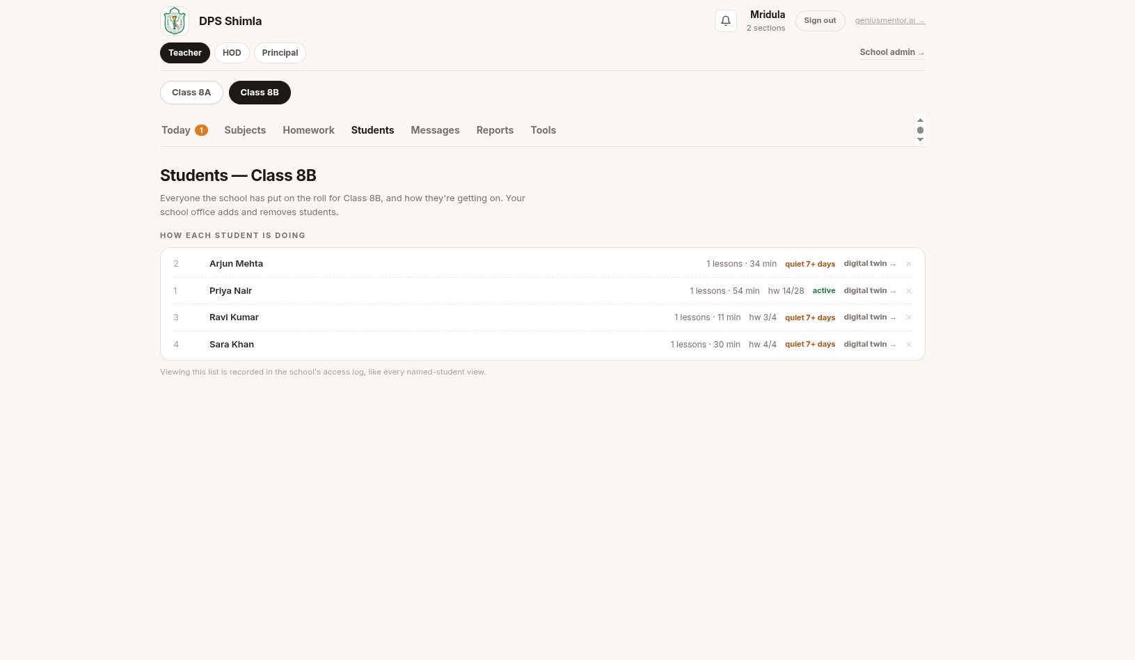 Students tab: how each child is doing with lessons, minutes, homework and quiet-for-days flags