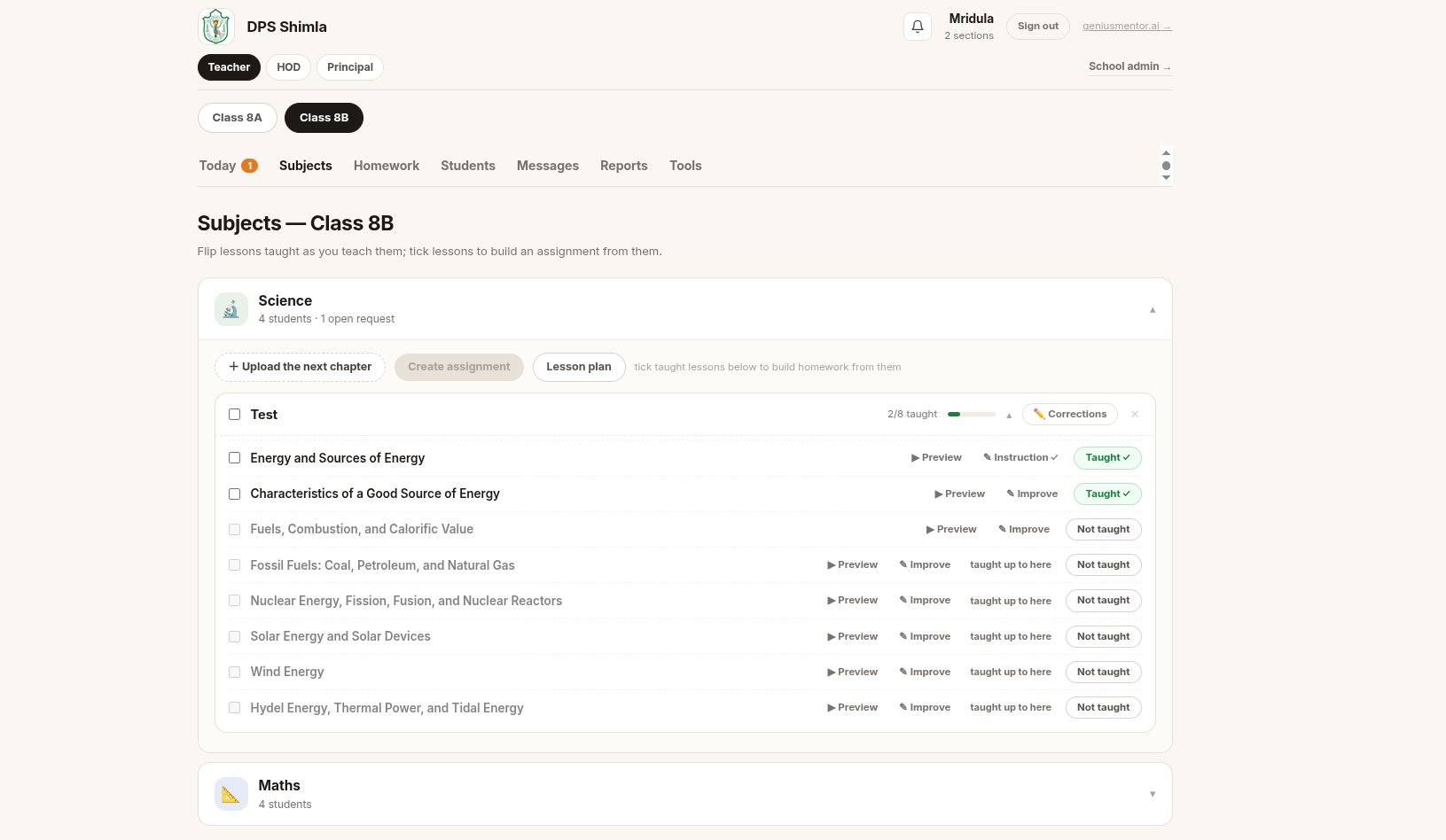Subjects tab: lessons marked taught and unlocked, upload the next chapter, create assignment, lesson plan