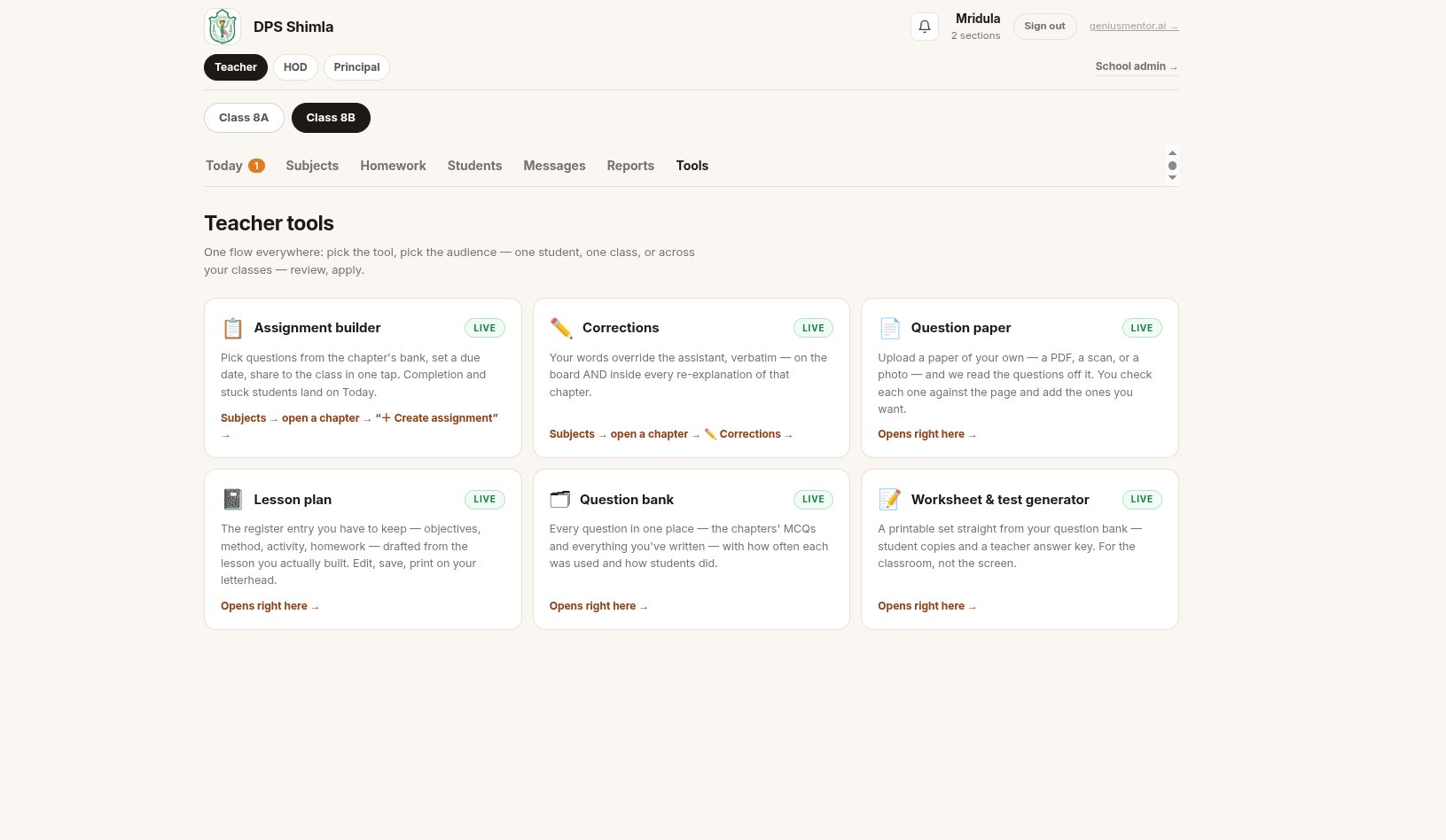 Teacher tools: assignment builder, corrections, question paper, lesson plan, question bank, worksheet generator